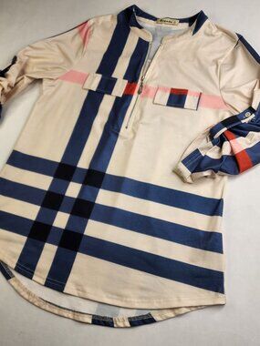 Moyabo Women's Large Quarter Zip Color Block Geometric Roll Tab Long Sleeve Top